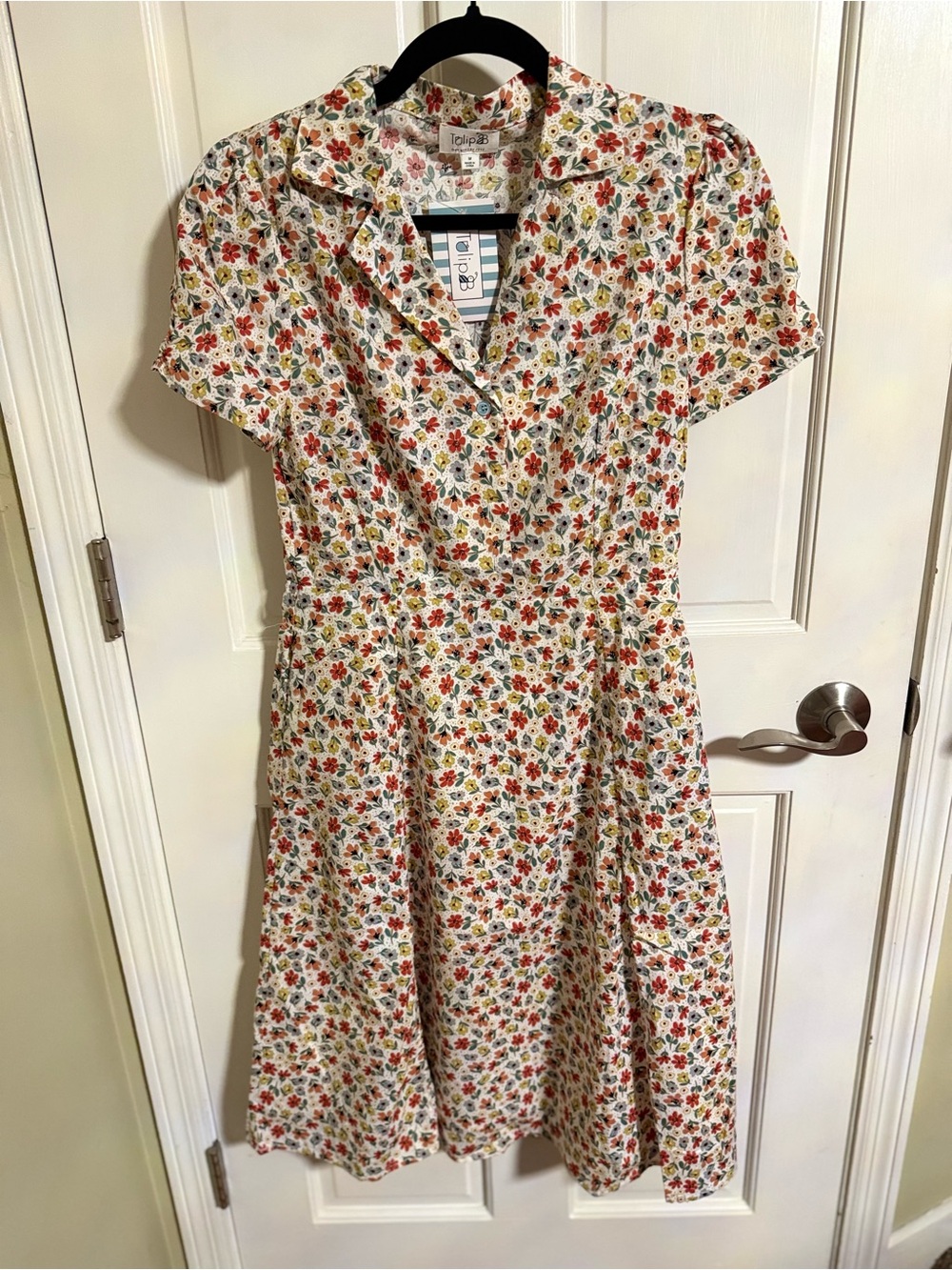 Tulip B Cream Floral Midi Dress with Red & Yellow Accents